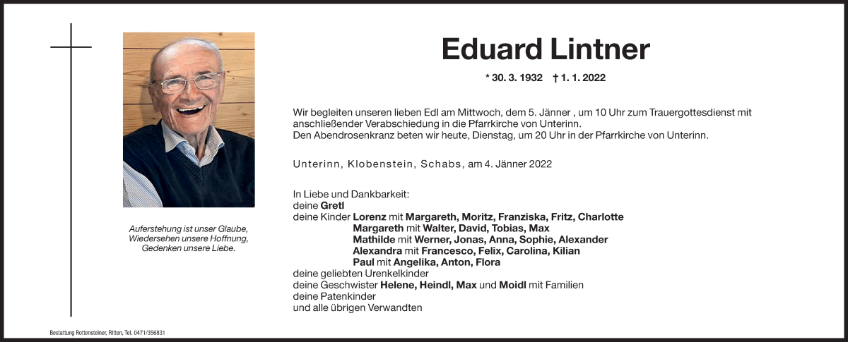  Traueranzeige für Eduard Lintner vom 04.01.2022 aus Dolomiten
