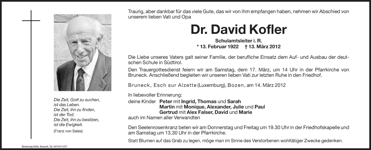  Traueranzeige für David Kofler vom 15.03.2012 aus Dolomiten