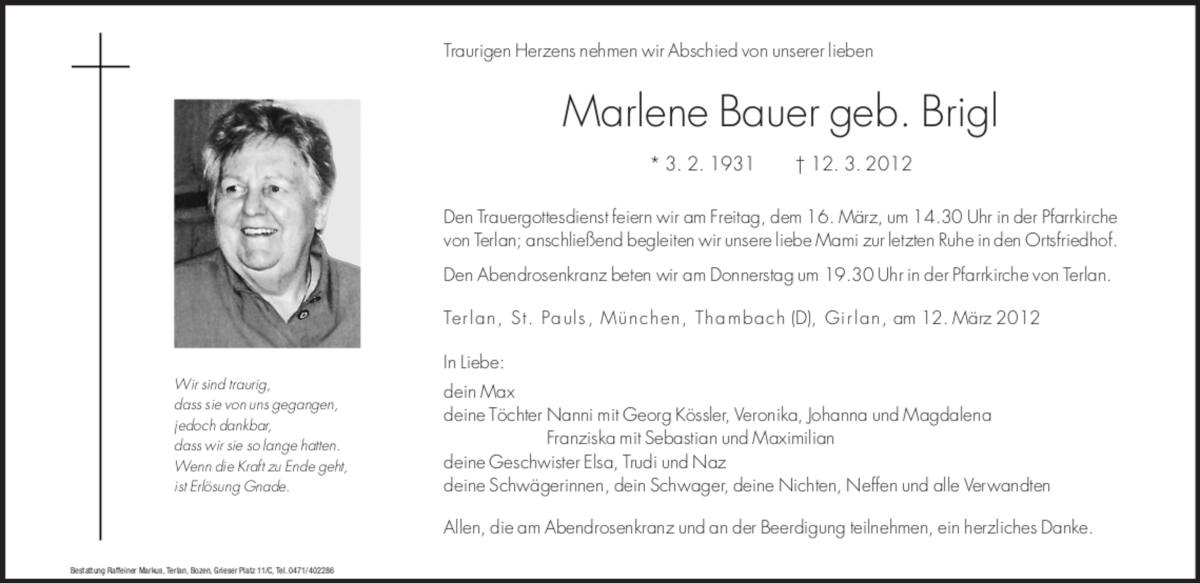  Traueranzeige für Marlene Bauer vom 14.03.2012 aus Dolomiten