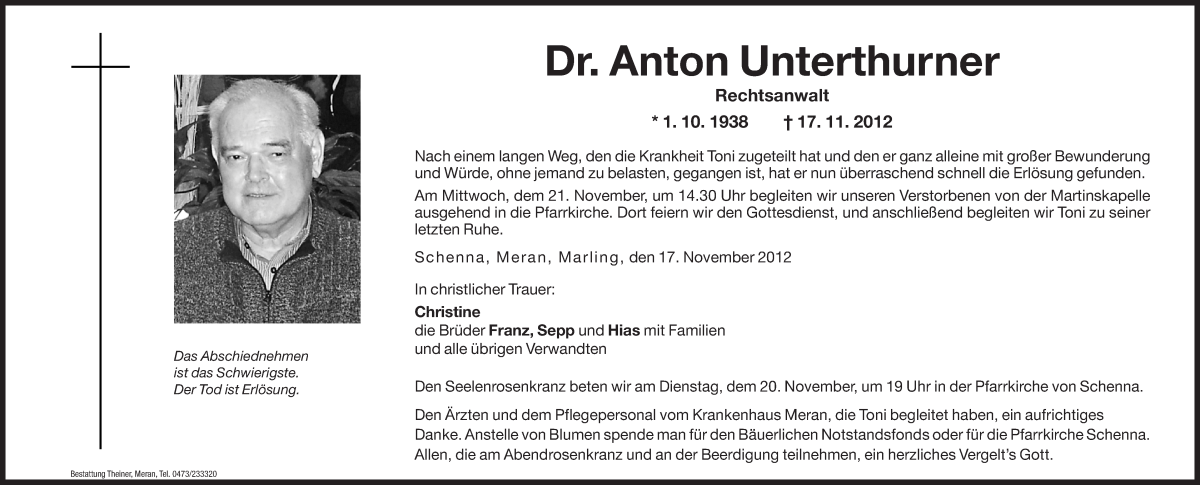  Traueranzeige für Anton Unterthurner vom 20.11.2012 aus Dolomiten