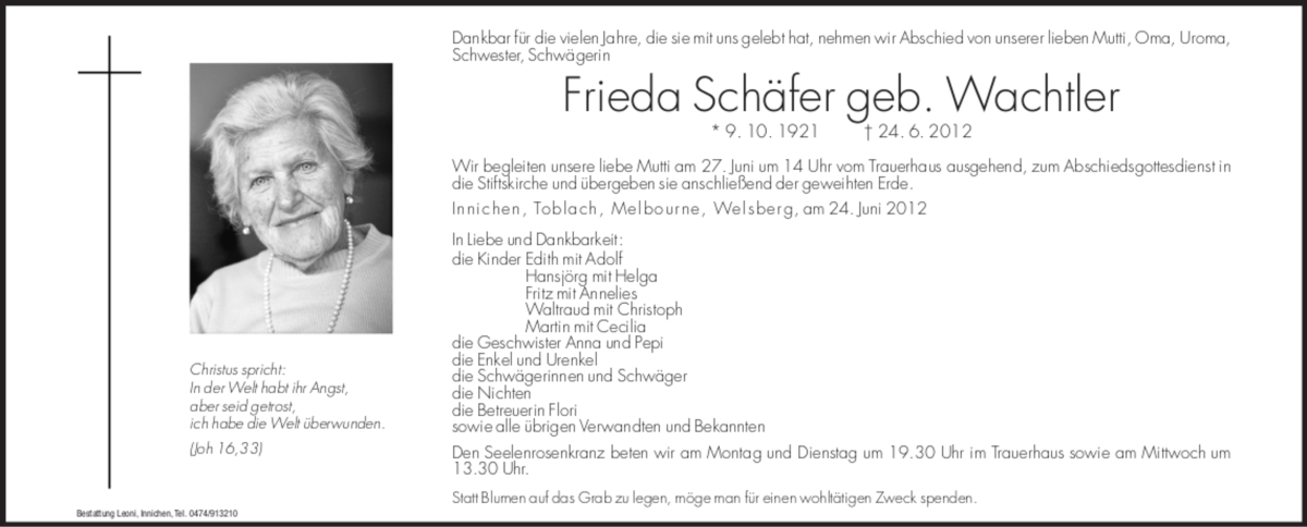  Traueranzeige für Frieda Schäfer vom 25.06.2012 aus Dolomiten