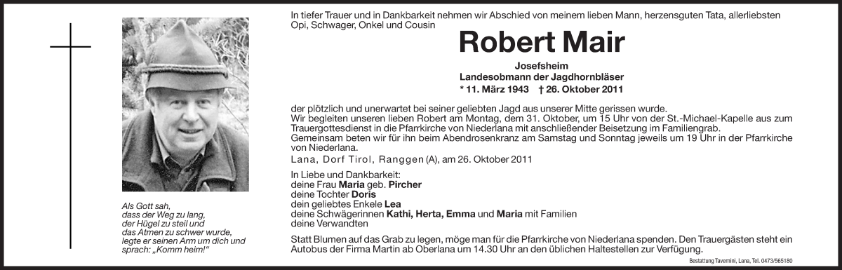  Traueranzeige für Robert Mair vom 28.10.2011 aus Dolomiten