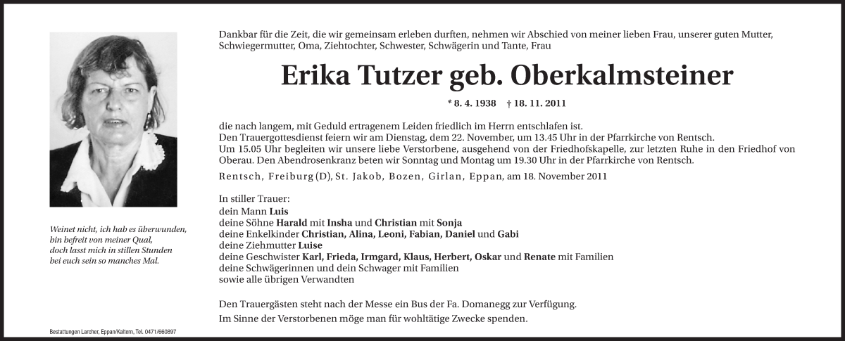  Traueranzeige für Erika Tutzer vom 19.11.2011 aus Dolomiten