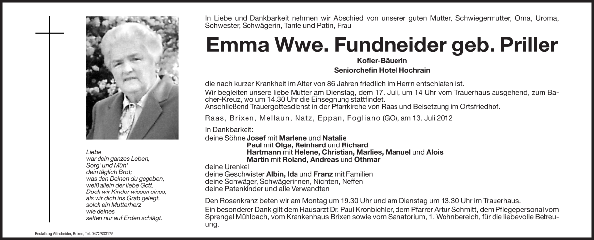  Traueranzeige für Emma Fundneider vom 16.07.2012 aus Dolomiten