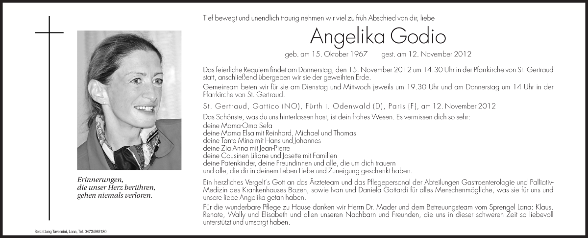  Traueranzeige für Angelika Godio vom 13.11.2012 aus Dolomiten