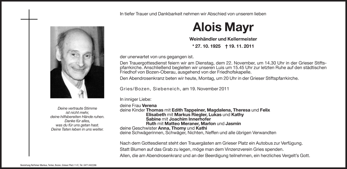  Traueranzeige für Alois Mayr vom 21.11.2011 aus Dolomiten