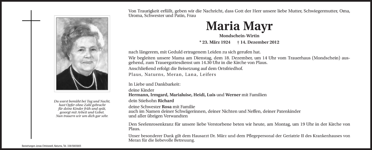  Traueranzeige für Maria Mayr vom 17.12.2012 aus Dolomiten