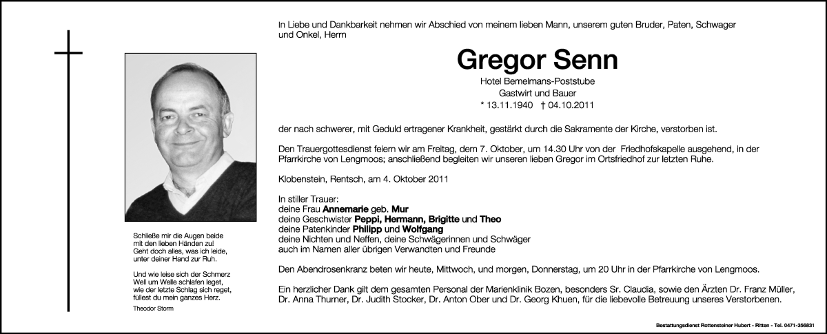  Traueranzeige für Gregor Senn vom 05.10.2011 aus Dolomiten