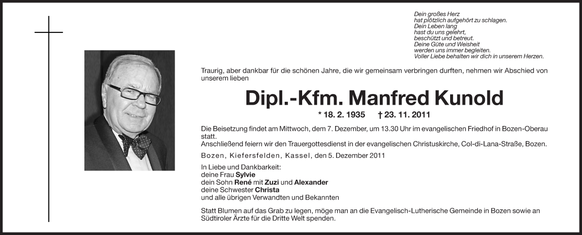  Traueranzeige für Manfred Kunold vom 05.12.2011 aus Dolomiten