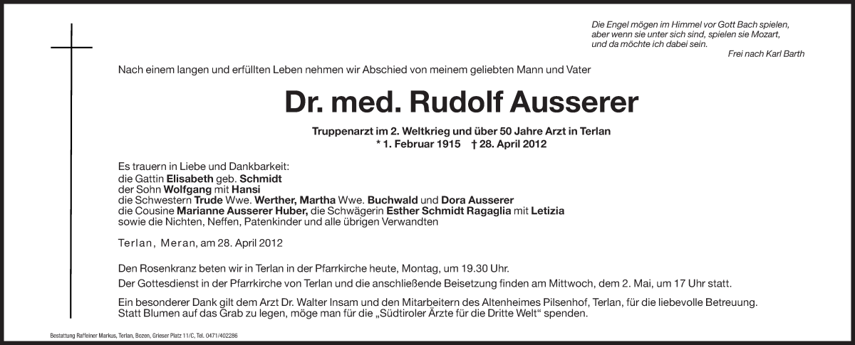  Traueranzeige für Rudolf Ausserer vom 30.04.2012 aus Dolomiten