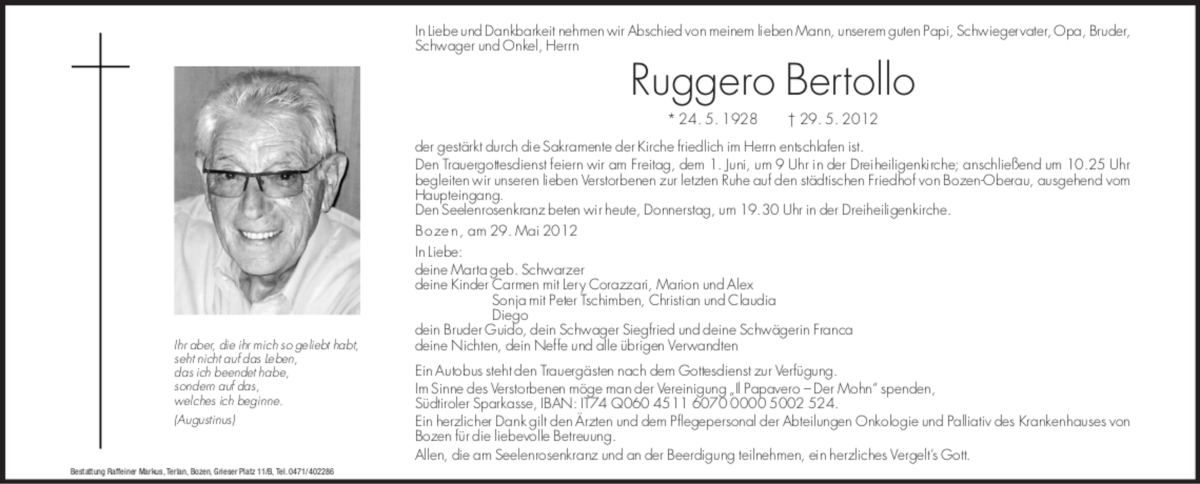  Traueranzeige für Ruggero Bertollo vom 31.05.2012 aus Dolomiten