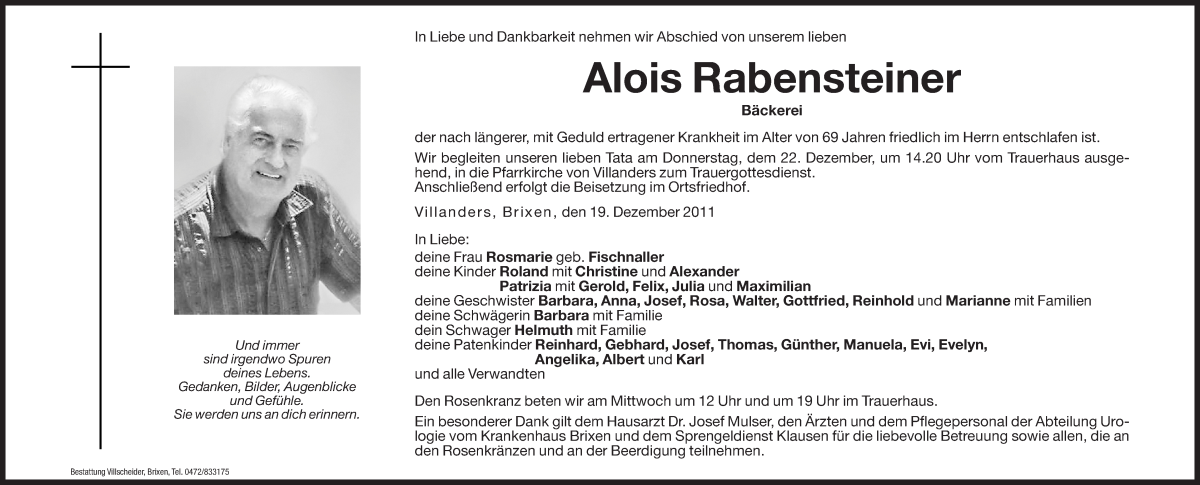  Traueranzeige für Alois Rabensteiner vom 21.12.2011 aus Dolomiten