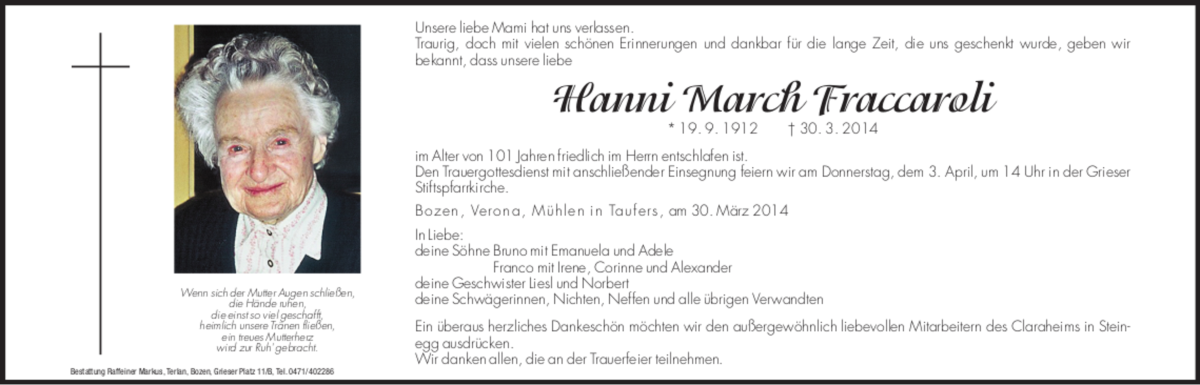  Traueranzeige für Hanni March Fraccaroli vom 01.04.2014 aus Dolomiten