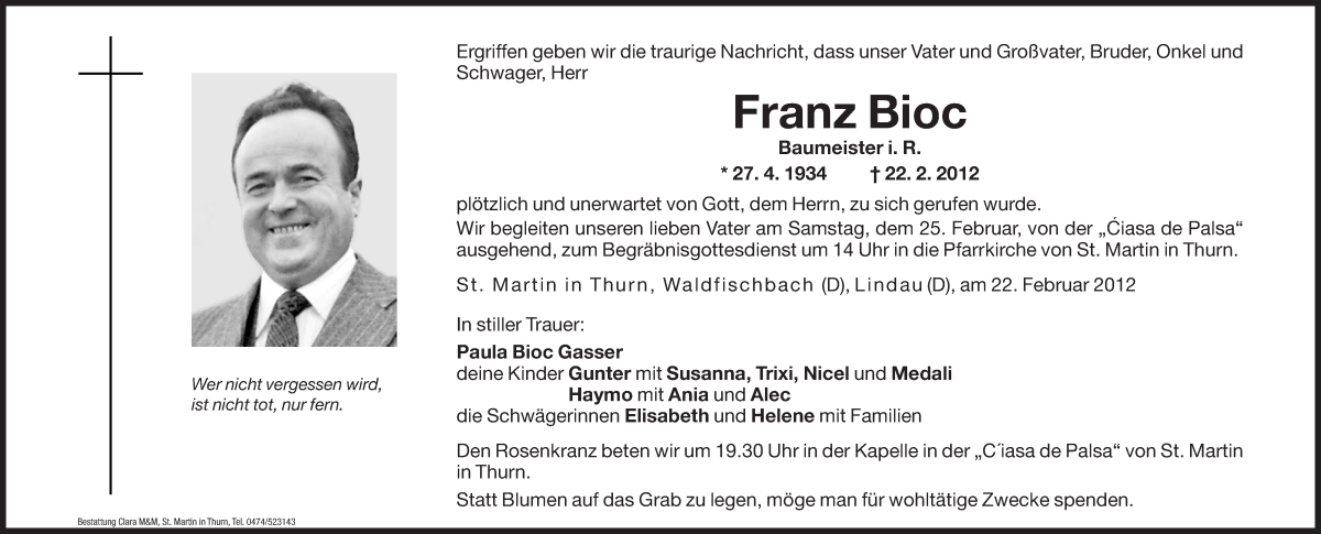  Traueranzeige für Franz Bioc vom 24.02.2012 aus Dolomiten