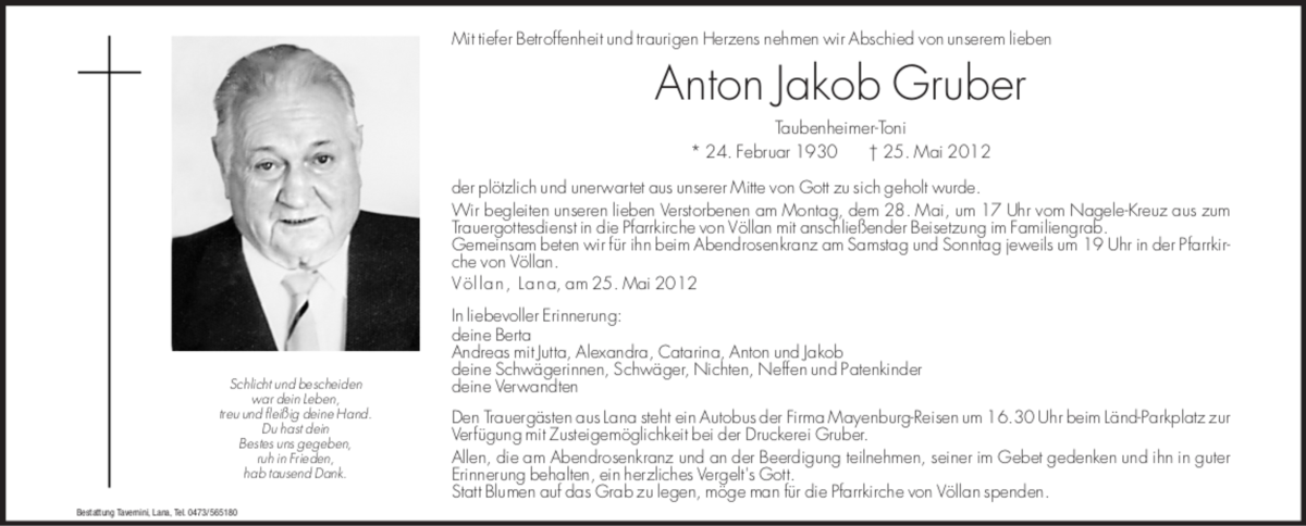  Traueranzeige für Anton Jakob Gruber vom 26.05.2012 aus Dolomiten