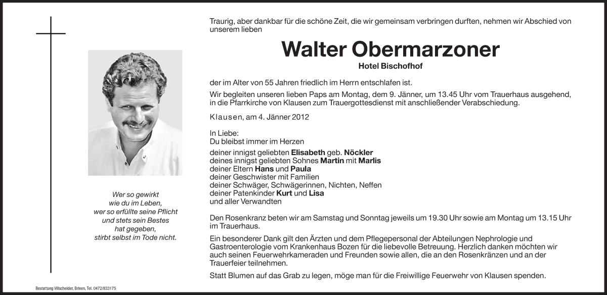  Traueranzeige für Walter Obermarzoner vom 07.01.2012 aus Dolomiten