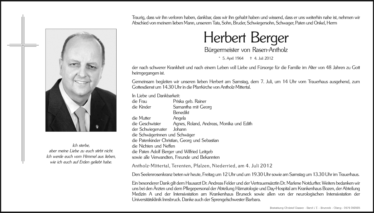  Traueranzeige für Herbert Berger vom 06.07.2012 aus Dolomiten