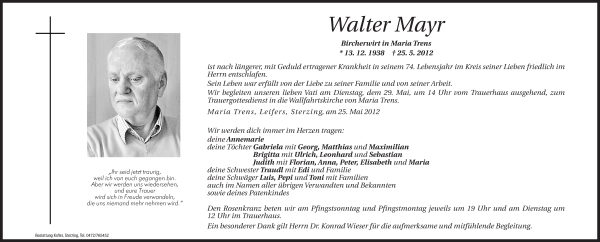 Traueranzeige von Walter Mayr von Dolomiten