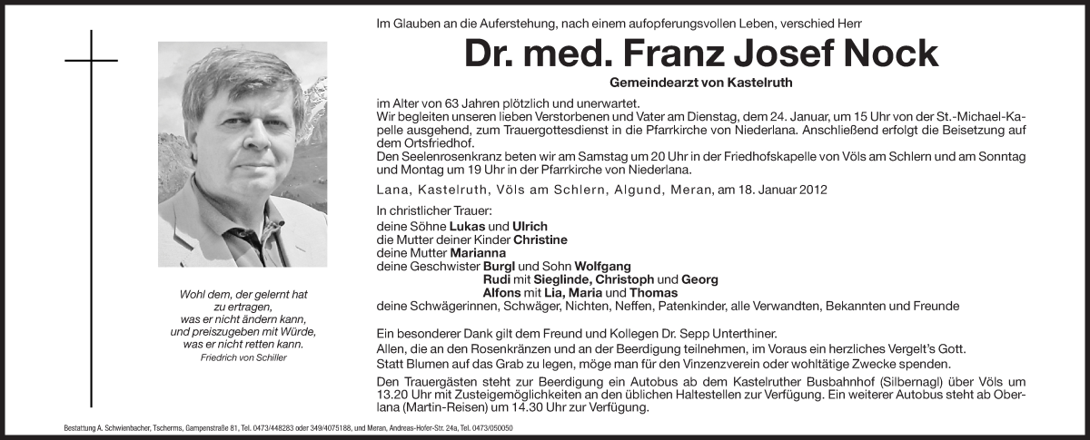  Traueranzeige für Franz Josef Nock vom 21.01.2012 aus Dolomiten