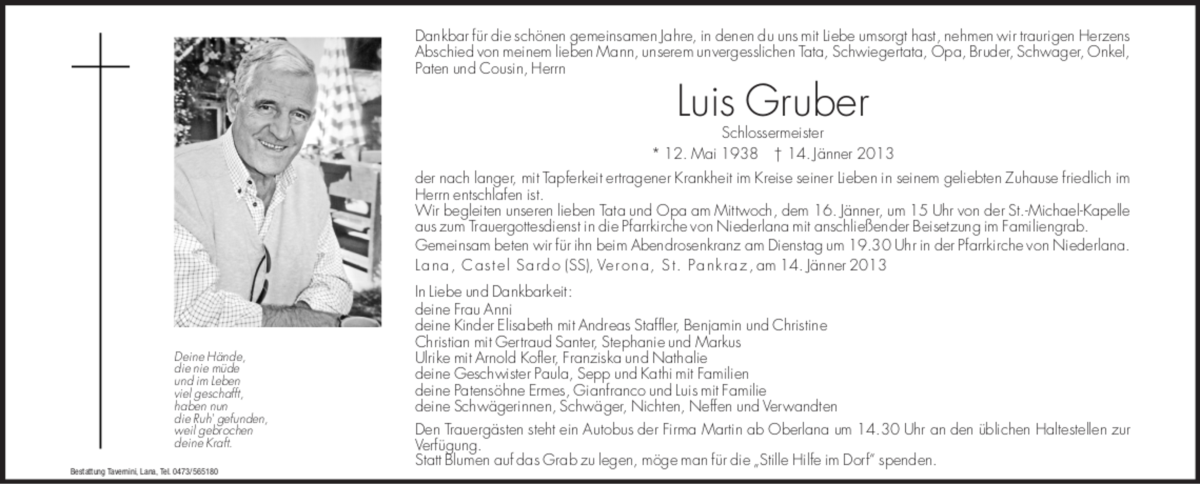  Traueranzeige für Luis Gruber vom 15.01.2013 aus Dolomiten