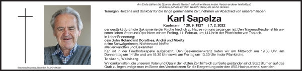 Traueranzeige von Karl Sapelza von Dolomiten
