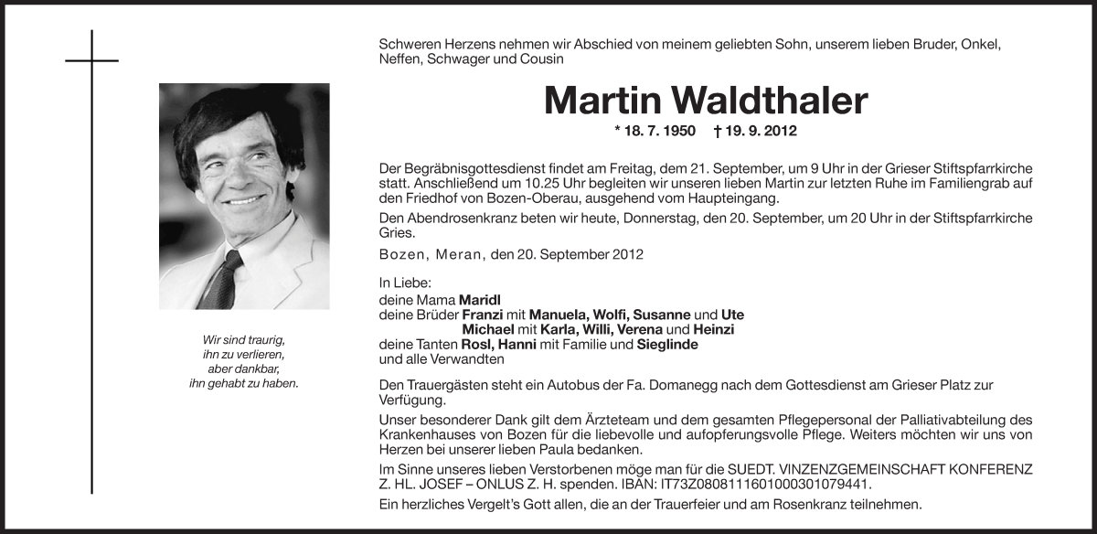  Traueranzeige für Martin Waldthaler vom 20.09.2012 aus Dolomiten