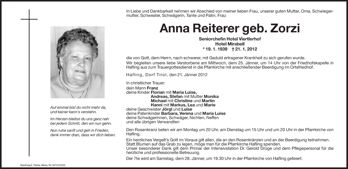  Traueranzeige für Anna Reiterer vom 23.01.2012 aus Dolomiten