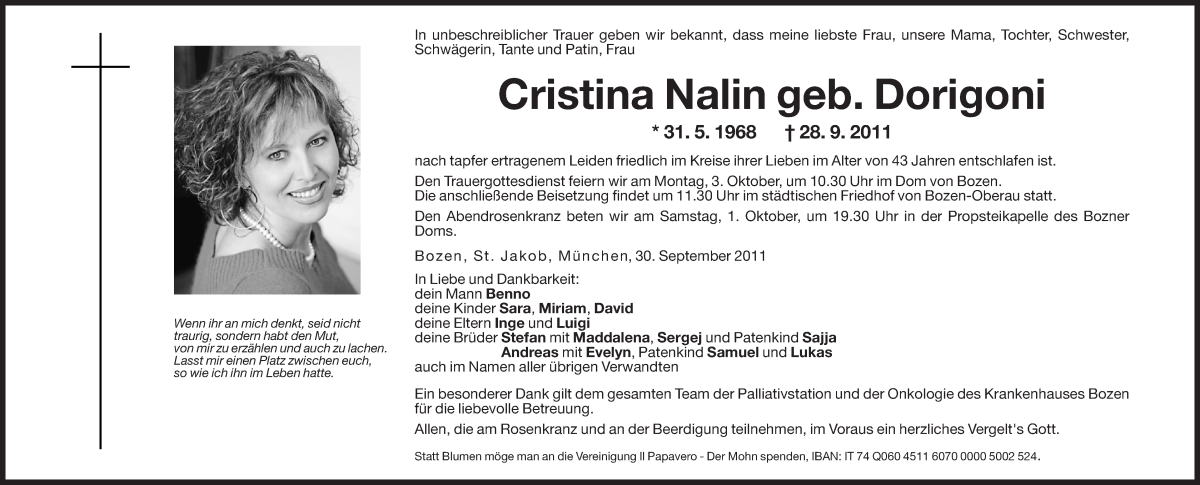  Traueranzeige für Cristina Nalin vom 30.09.2011 aus Dolomiten