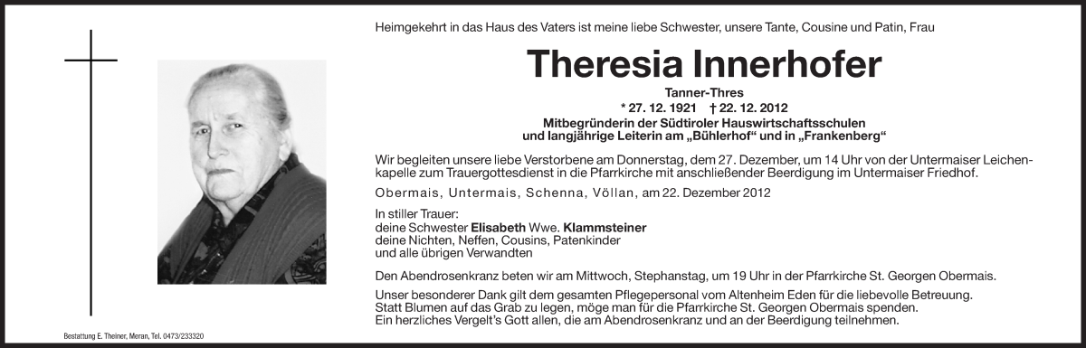  Traueranzeige für Theresia Innerhofer vom 24.12.2012 aus Dolomiten