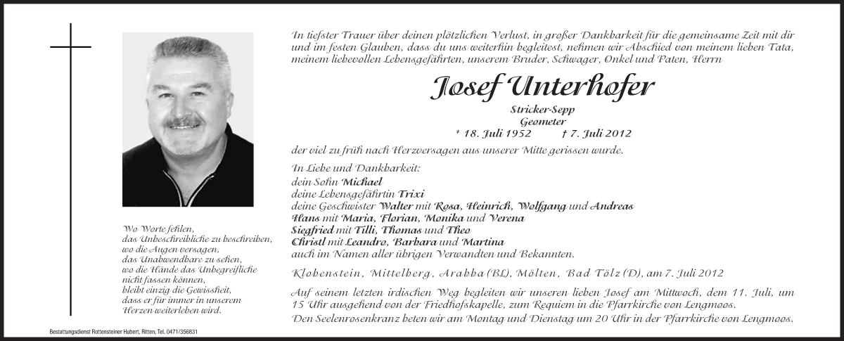  Traueranzeige für Josef Unterhofer vom 09.07.2012 aus Dolomiten