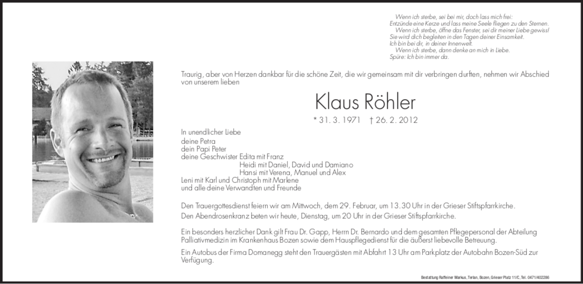  Traueranzeige für Klaus Röhler vom 28.02.2012 aus Dolomiten