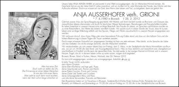 Traueranzeige von Anja Grioni von Dolomiten