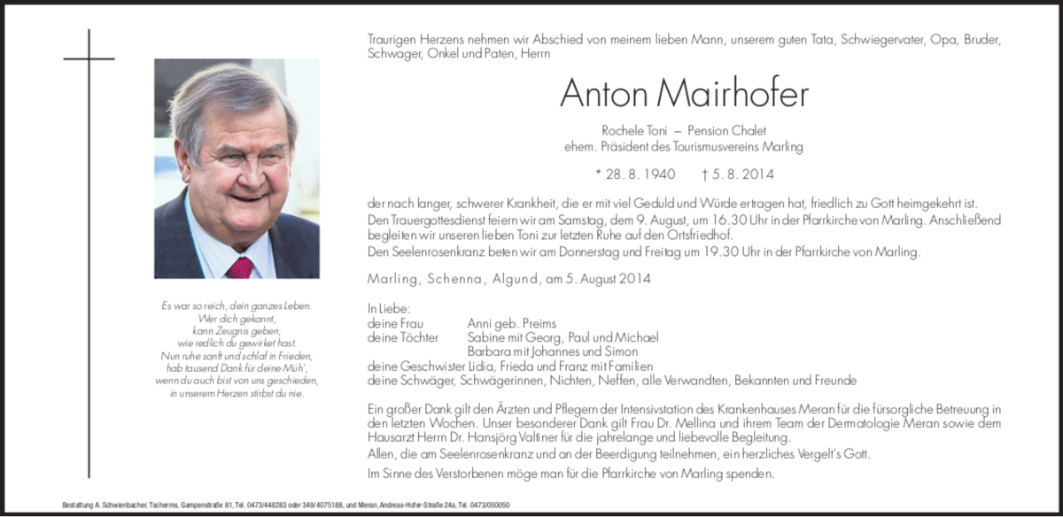  Traueranzeige für Anton Mairhofer vom 07.08.2014 aus Dolomiten