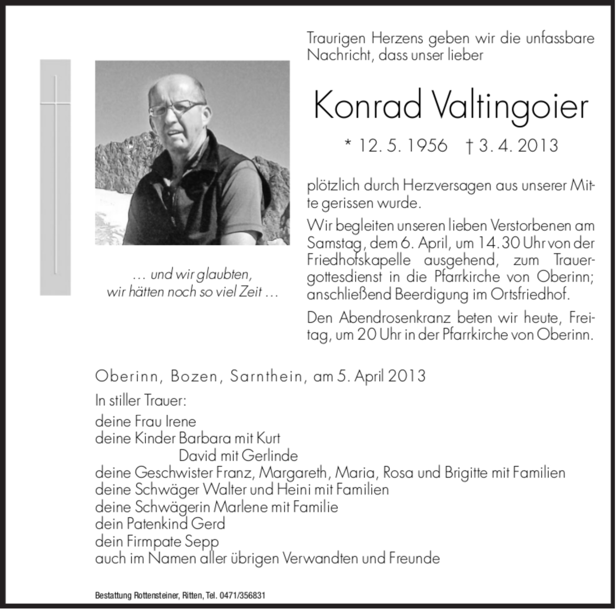  Traueranzeige für Konrad Valtingoier vom 05.04.2013 aus Dolomiten