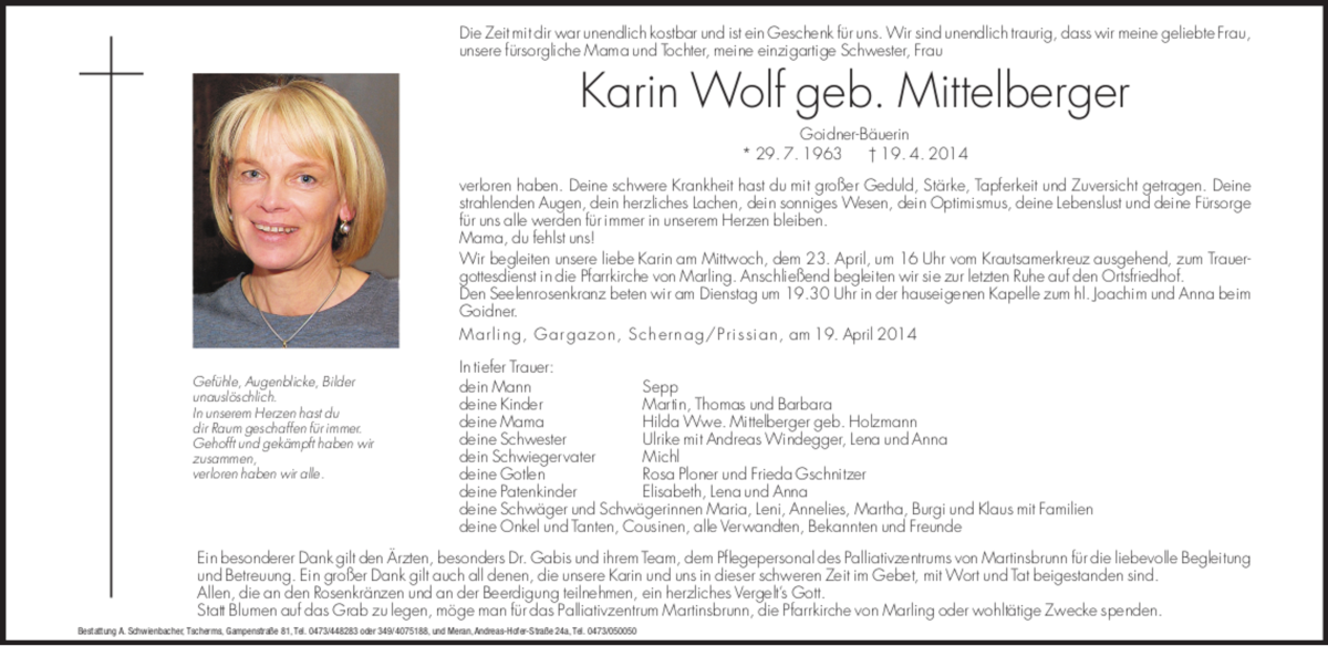  Traueranzeige für Karin Wolf vom 22.04.2014 aus Dolomiten
