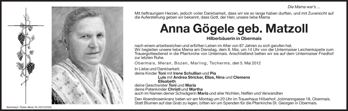  Traueranzeige für Anna Gögele vom 07.05.2012 aus Dolomiten