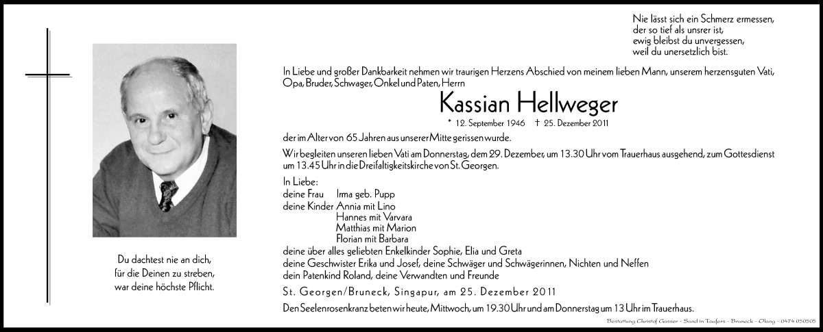  Traueranzeige für Kassian Hellweger vom 28.12.2011 aus Dolomiten