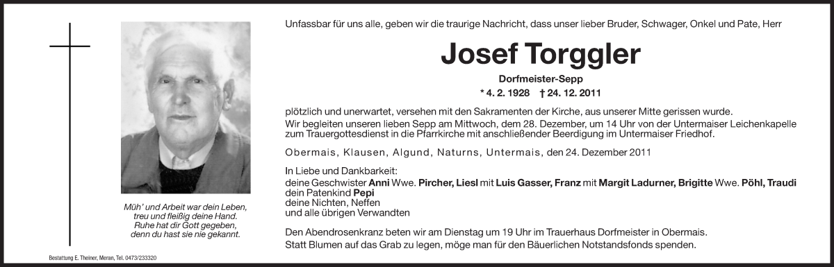  Traueranzeige für Josef Torggler vom 27.12.2011 aus Dolomiten