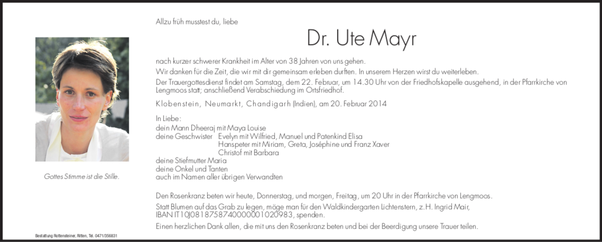  Traueranzeige für Ute Mayr vom 20.02.2014 aus Dolomiten