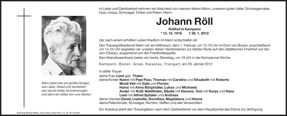  Traueranzeige für Johann Röll vom 31.01.2012 aus Dolomiten