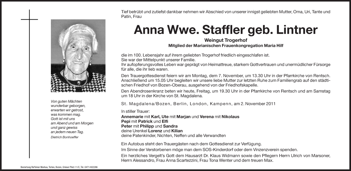  Traueranzeige für Anna Staffler vom 11.04.2011 aus Dolomiten