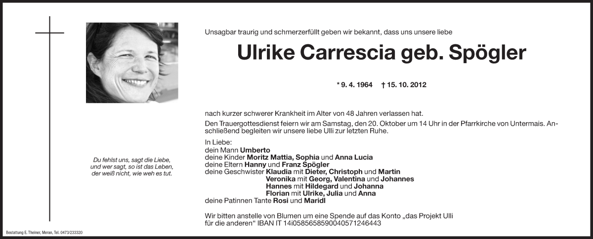  Traueranzeige für Ulrike Carrescia vom 18.10.2012 aus Dolomiten