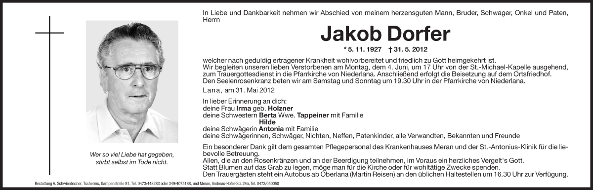  Traueranzeige für Jakob Dorfer vom 01.06.2012 aus Dolomiten