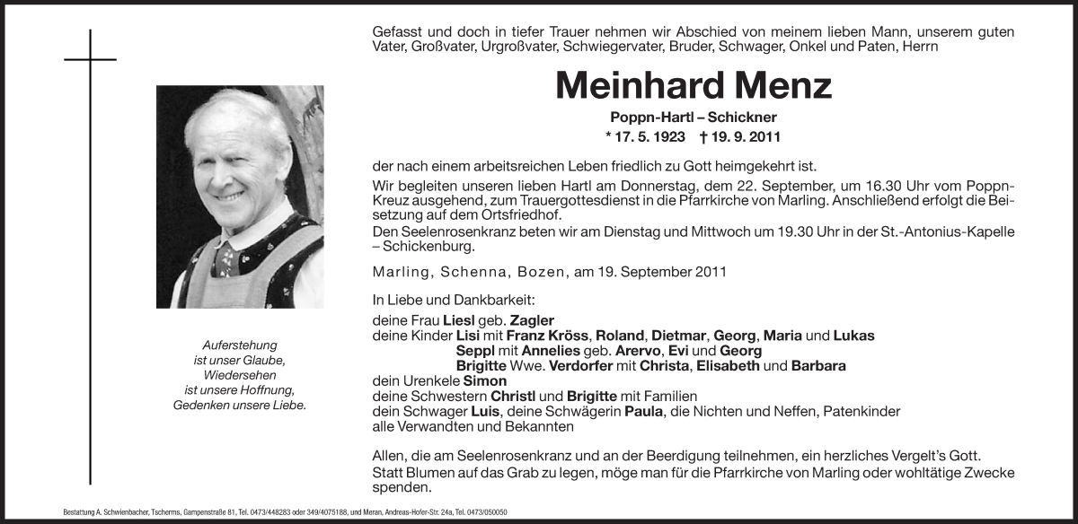  Traueranzeige für Meinhard Menz vom 20.09.2011 aus Dolomiten