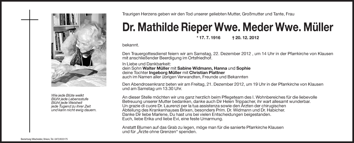  Traueranzeige für Mathilde Müller vom 21.12.2012 aus Dolomiten