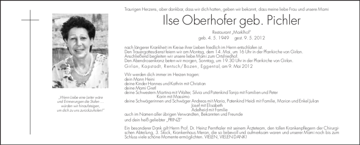  Traueranzeige für Ilse Oberhofer vom 12.05.2012 aus Dolomiten