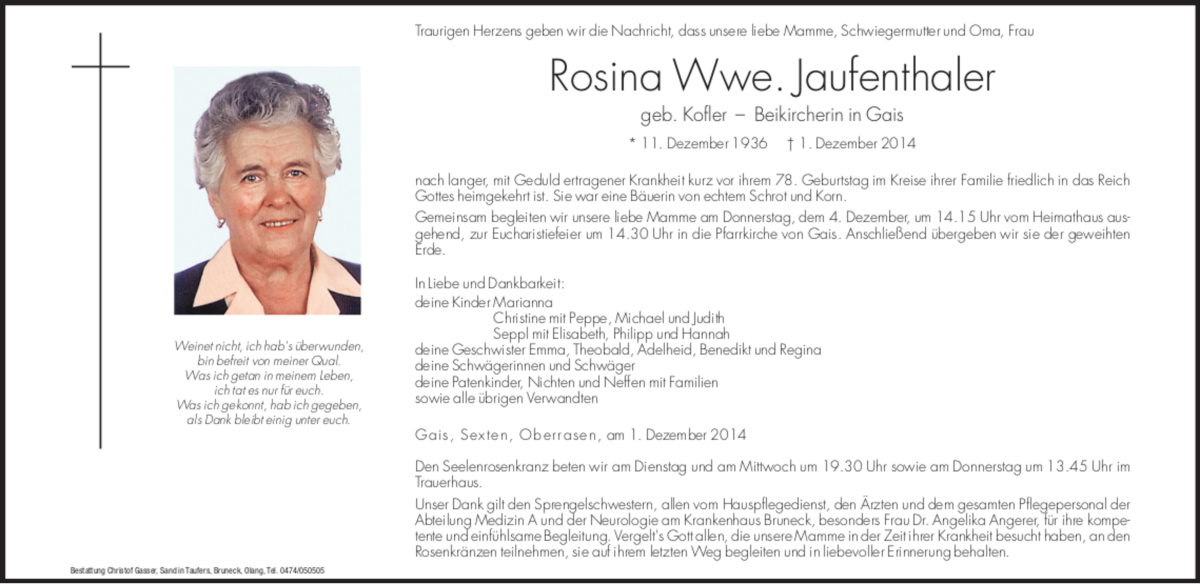  Traueranzeige für Rosina Jaufenthaler vom 02.12.2014 aus Dolomiten