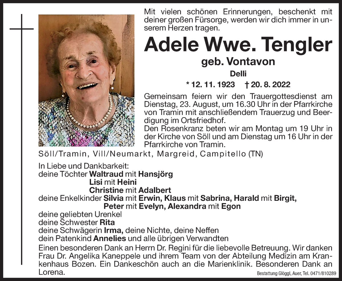  Traueranzeige für Adele Tengler vom 22.08.2022 aus Dolomiten