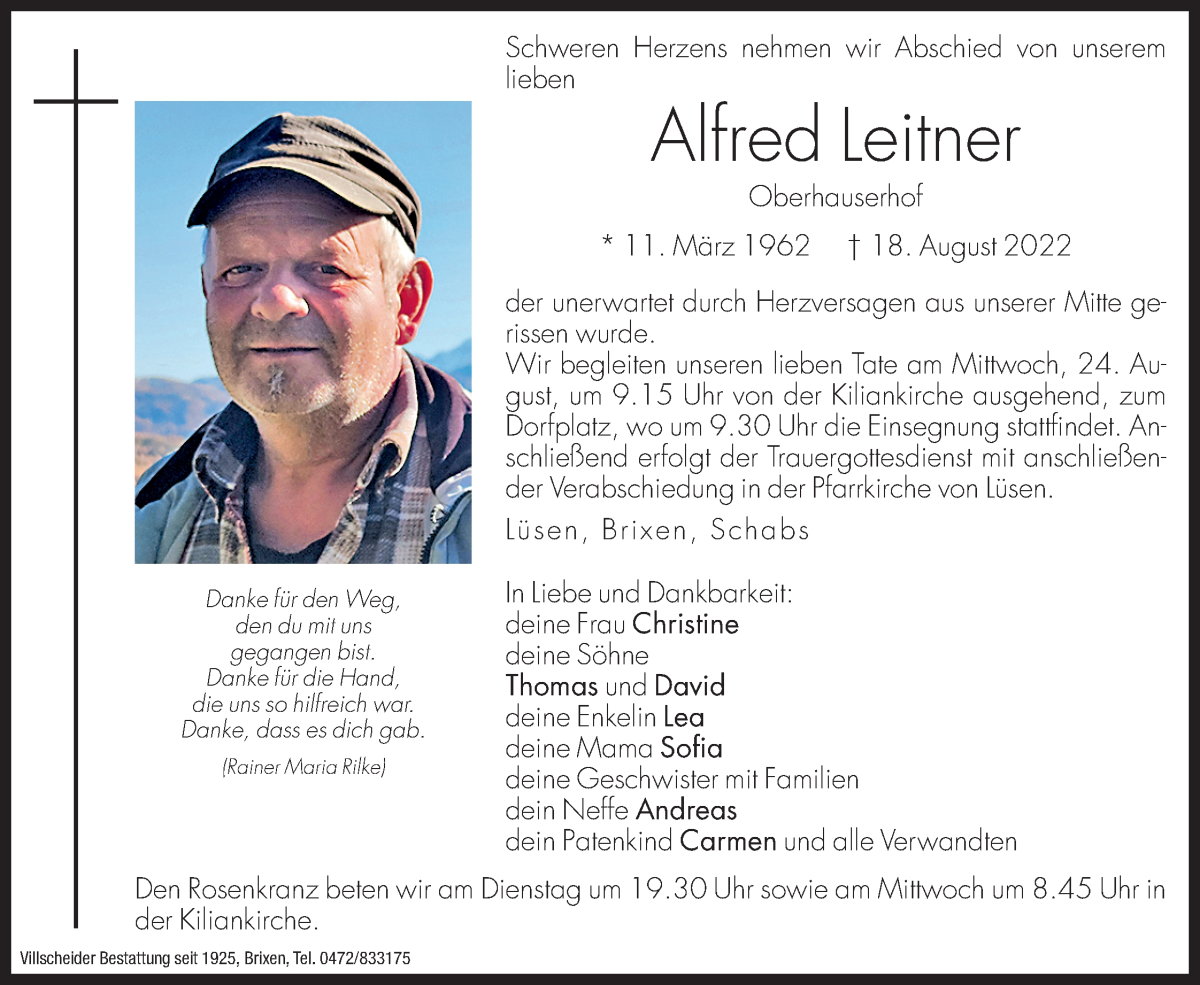  Traueranzeige für Alfred Leitner vom 22.08.2022 aus Dolomiten