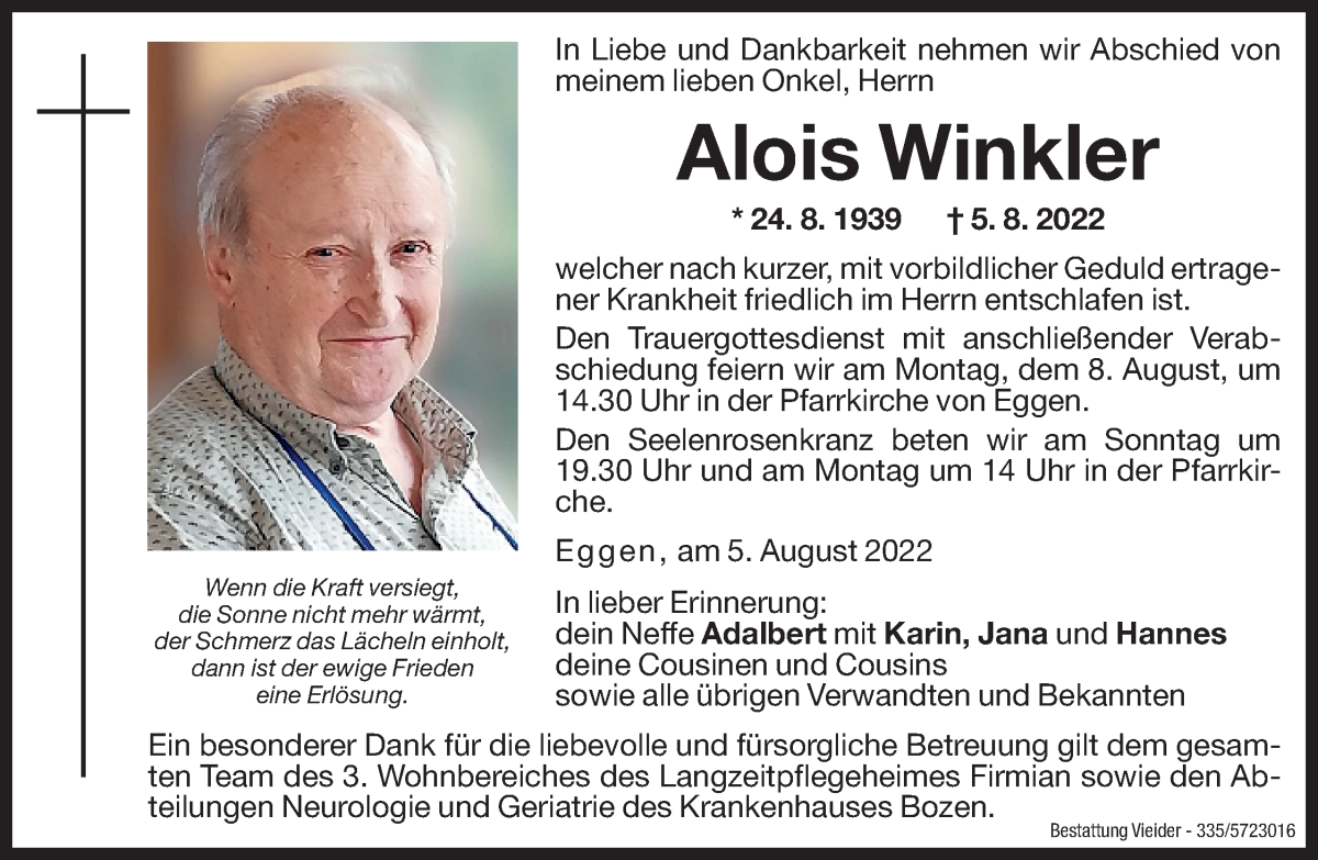  Traueranzeige für Alois Winkler vom 06.08.2022 aus Dolomiten